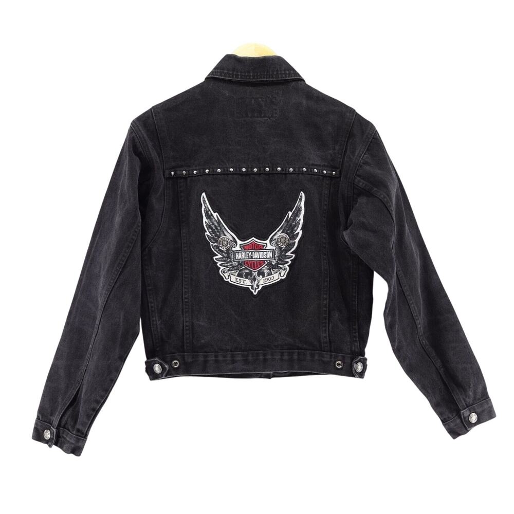 Harley Davidson Sz S Black Denim Stud Embellished Back Moto Jacket